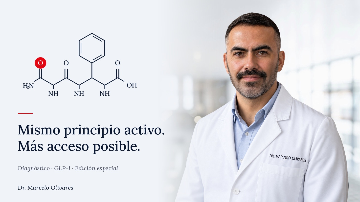 Retrato del Dr. Marcelo Olivares con la frase: Mismo principio activo, más acceso posible.